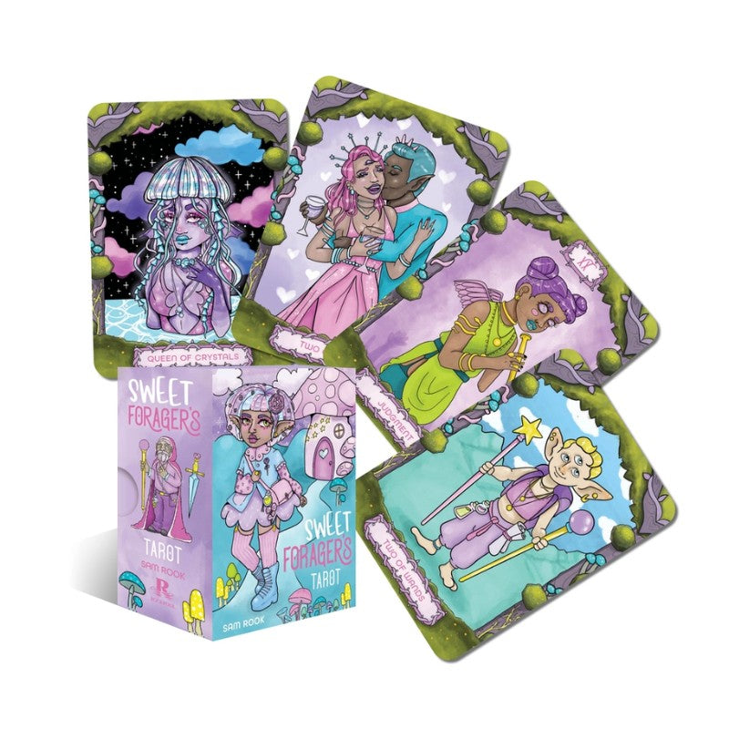 Set of tarot cards with colorful illustrations and a box labeled 'Sweet Foragers Tarot' on a white background.