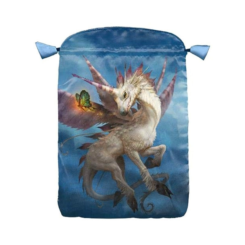 Fantasy-themed pouch with a dragon design on a blue background