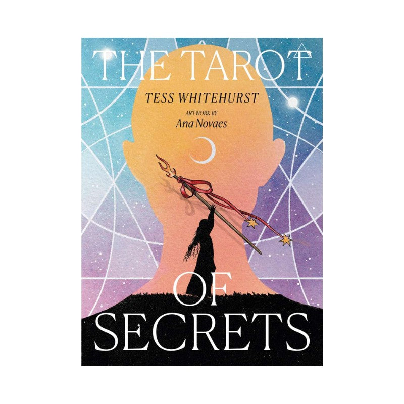 tarot card box cover of 'The Tarot of Secrets' with a silhouette holding a staff against a starry sky.