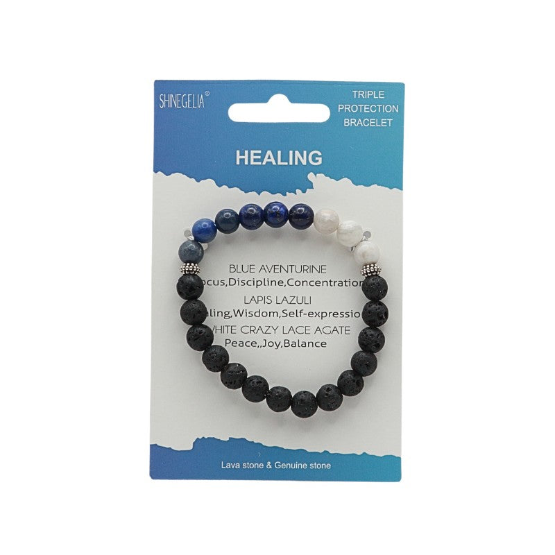 Bracelet on a packaging card with blue and white design