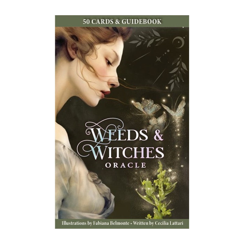 oracle deck cover of 'Weeds & Witches Oracle' with a woman and nature elements.