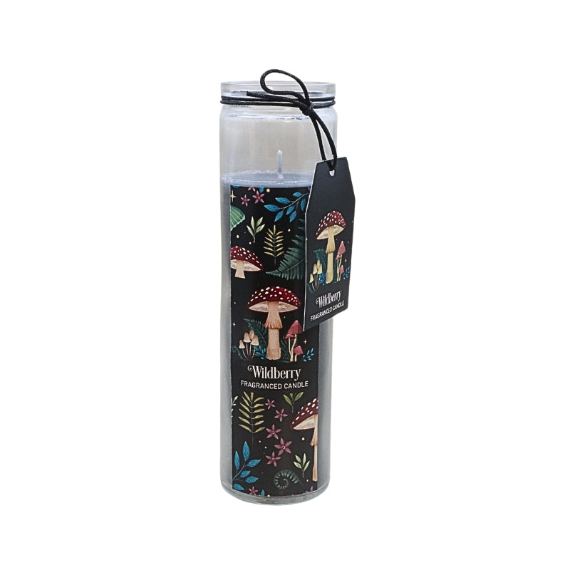 A cylindrical glass jar candle with a black lid, featuring a colourful pattern of mushrooms and forest-themed illustrations, labelled 'Wildberry'.