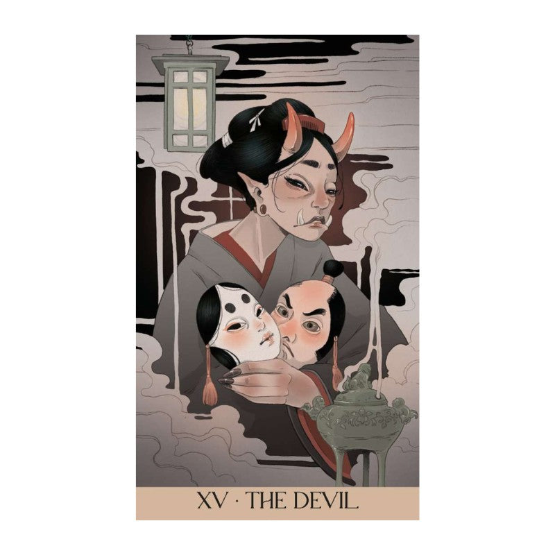 Card titled 'XV - The Devil' featuring an illustrated character with horns and a lantern in the background.