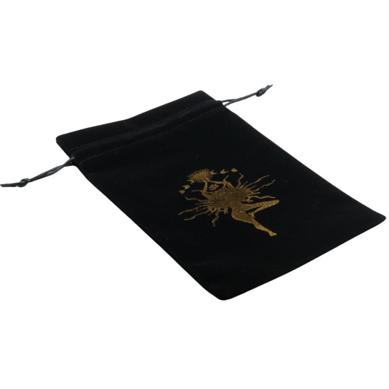 black drawstring velvet tarot bag with gold goddess design