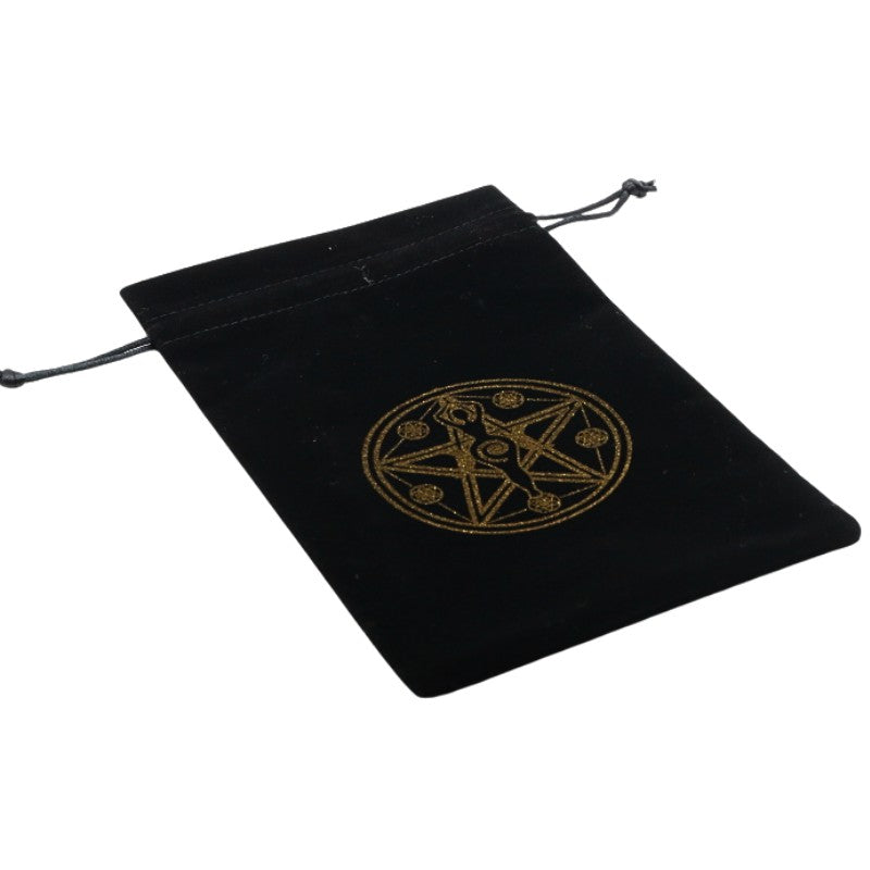 black velvet tarot bag with gold pentacle goddess symbol on front