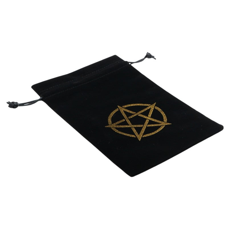 black drawstring velvet tarot bag with gold pentacle design