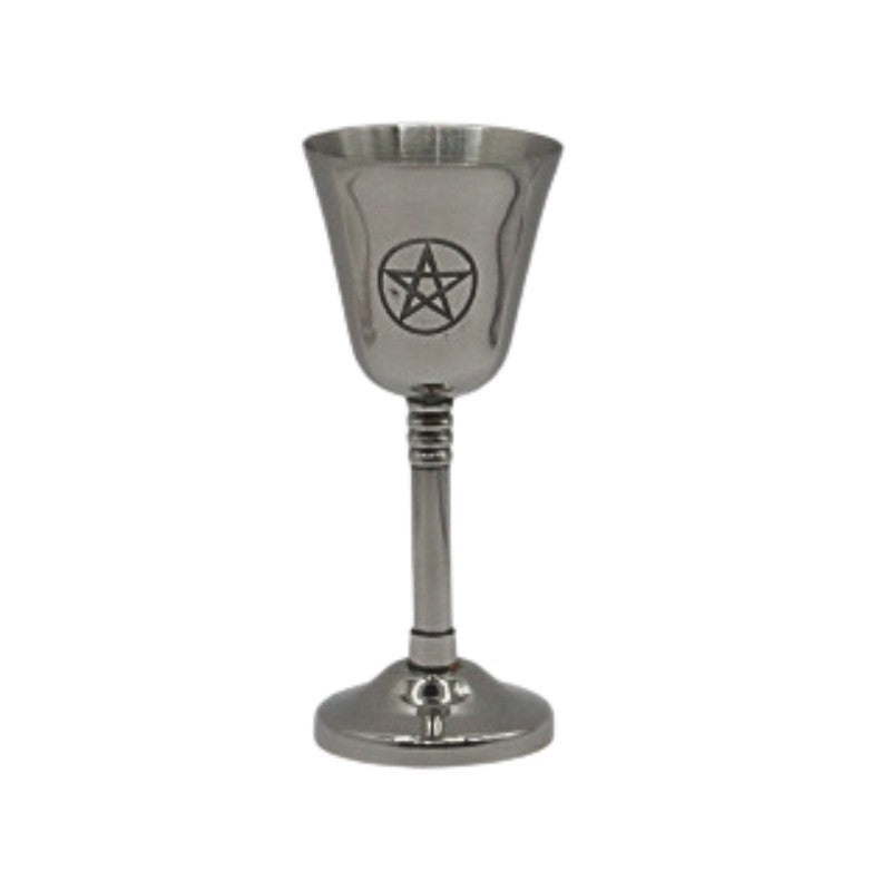 Metal chalice with pentagram design on a white background