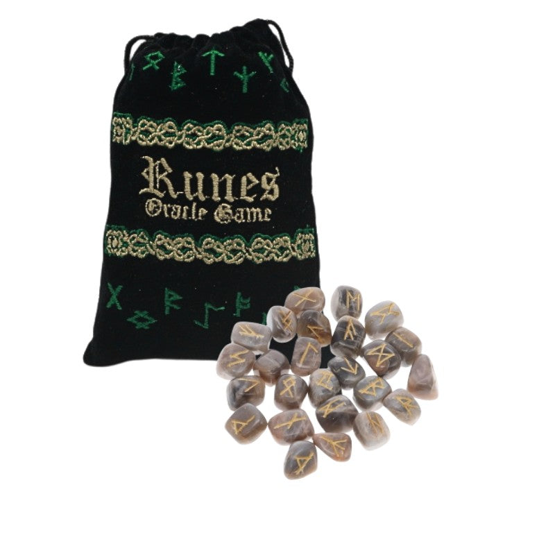 velvet rune pouch with black moonstone runes laid out in front