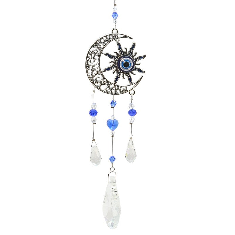 3 sun catcher faceted beads hanging from chain below a metal star and sun design featuring the blue and white eye 'evil eye'