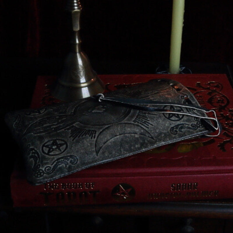 Broom and Pentacle Leather Drawstring Tarot Bag for Tarot and Oracle Cards 12cm x 18cm