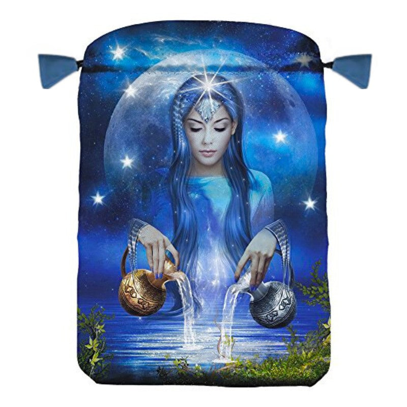 blue tarot bag with an image of a woman pouring water from water jugs into a lake, in front of a full moon
