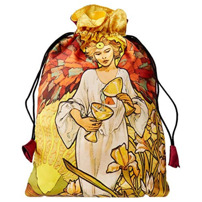 tarot bag- gold and orange with an image of a woman in a white dress pouring liquid from a gold chalice into another