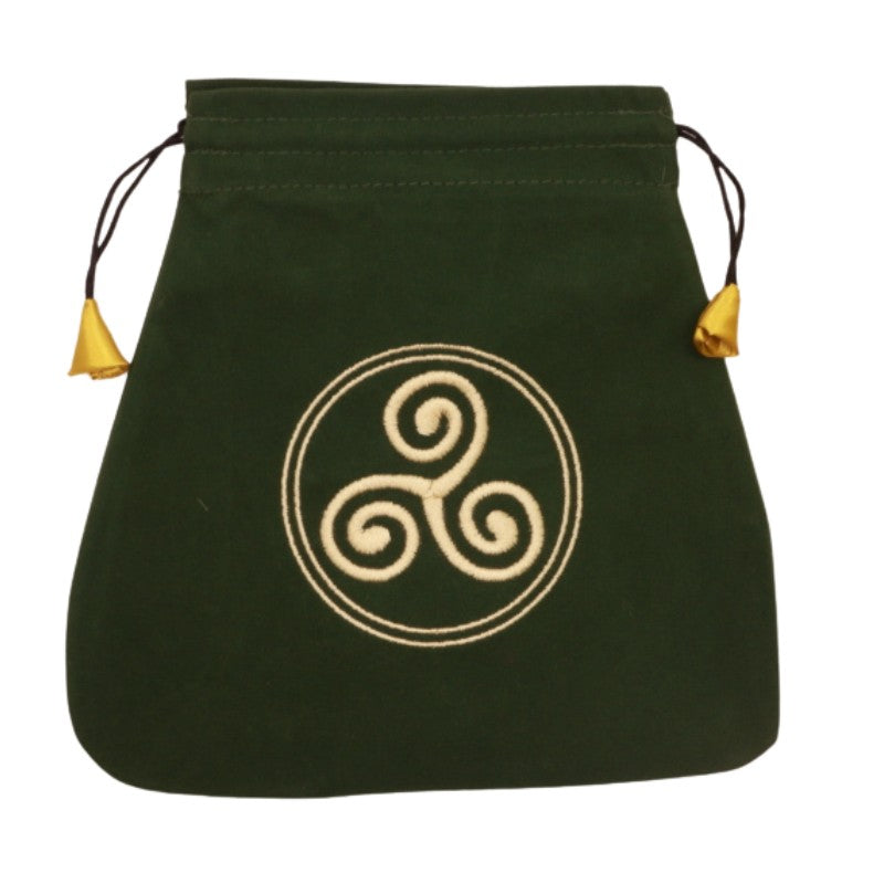 green tarot bag with triskele embroidered on front