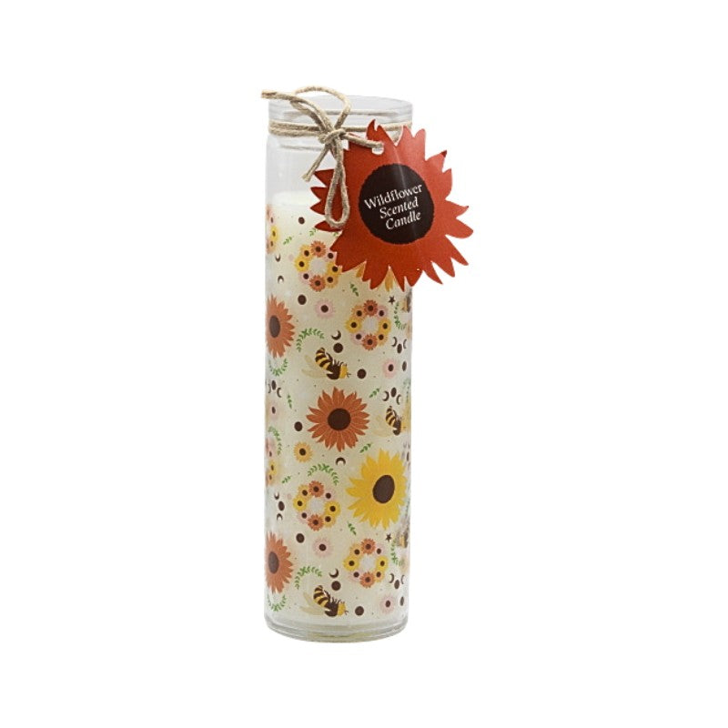 Candle with floral design and 'Wildflower Scented Candle' label on a white background