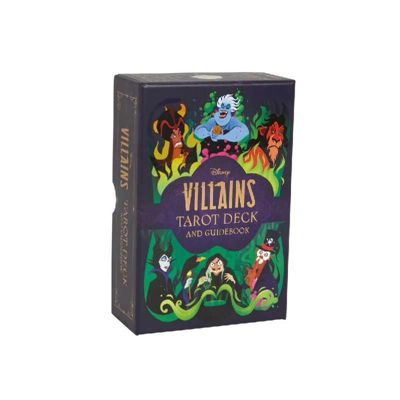 Disney Villains Tarot Deck front cover with images of characters from Disney on a purple box, in front of a white background