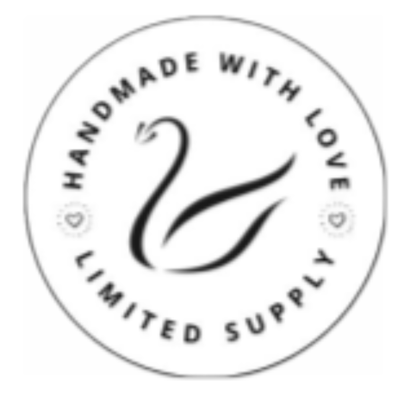 Black bold uppercase writing saying "Handmade with love, limited supply" written in a circle around cygnet studio's logo of a black swan in a white circle
