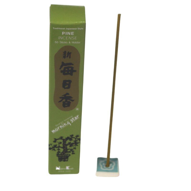 rectangle box of japanese morning star "Pine" incense sticks next to a tile incense holder