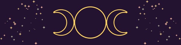 Gold circle in the centre of two gold crescent moon shapes and gold stars on a purple background