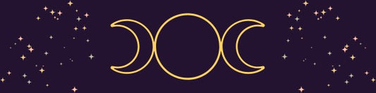 Gold circle in the centre of two gold crescent moon shapes and gold stars on a purple background