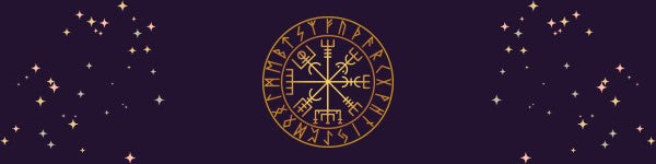 vegvisir symbol on purple background with stars