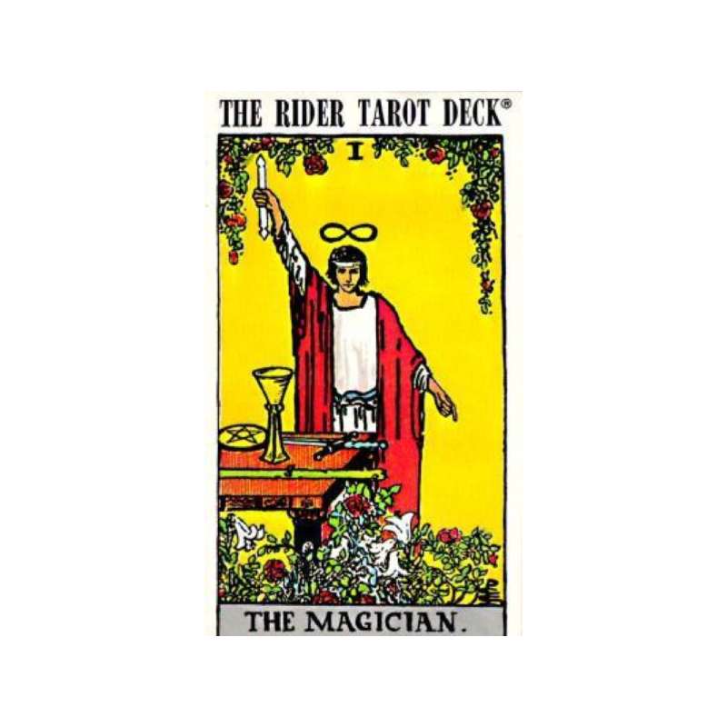 the magician rider waite tarot card with image of a man in white with red robes holding hand in air, with a chalice, pentacle and sword in front of him on a table