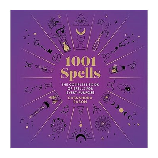 Book cover of '1001 Spells' with magickal symbols on a purple background