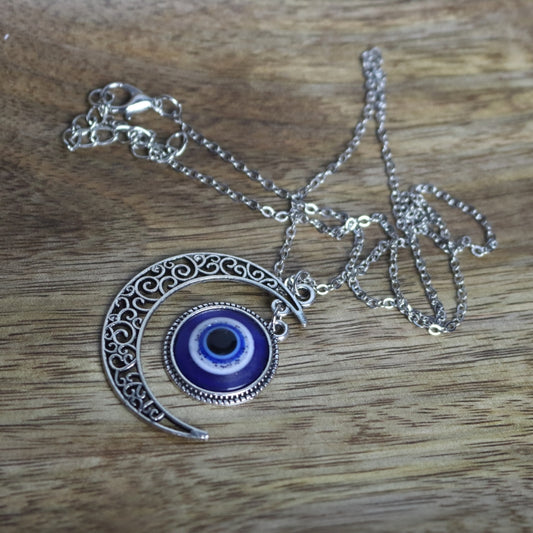 Turkish Evil Eye Crescent Moon Pendant Adjustable Necklace
