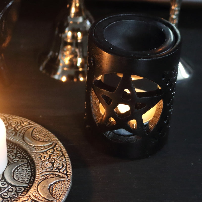 Black Soapstone Pentacle Oil Burner- Tealight Pentagram Oil Burner