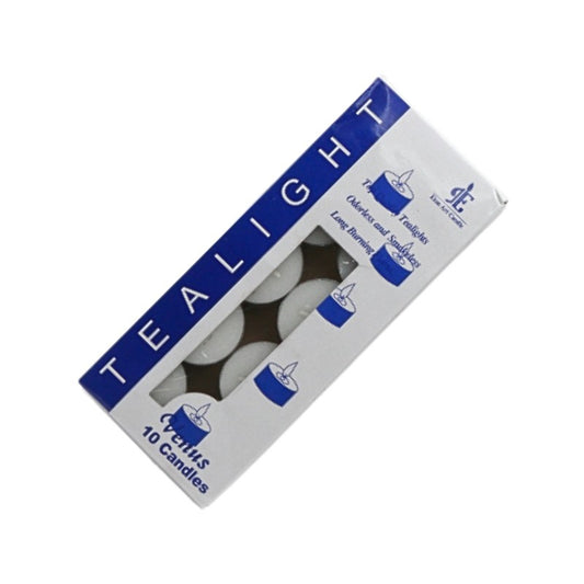 Box of tealight candles with blue and white design on a white background