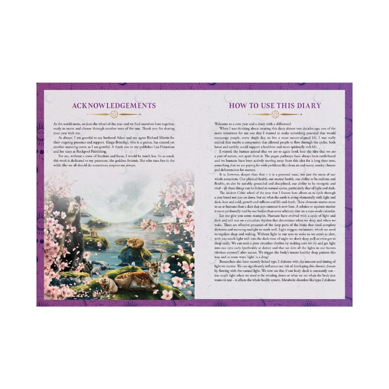 Page from the 2026 lunar and seasonal diary with a scenic illustration and text on a purple border