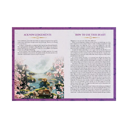 Page from the 2026 lunar and seasonal diary with a scenic illustration and text on a purple border