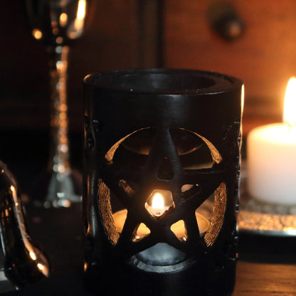 Black Soapstone Pentacle Oil Burner- Tealight Pentagram Oil Burner