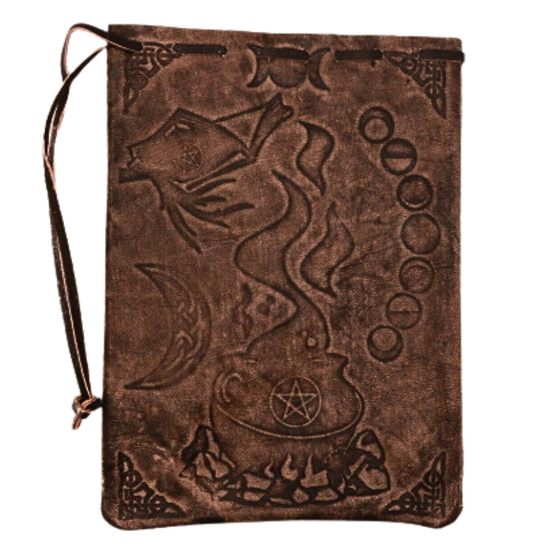 Cauldron and Pentacle Leather Drawstring Tarot Card Bag 12cm x 18cm