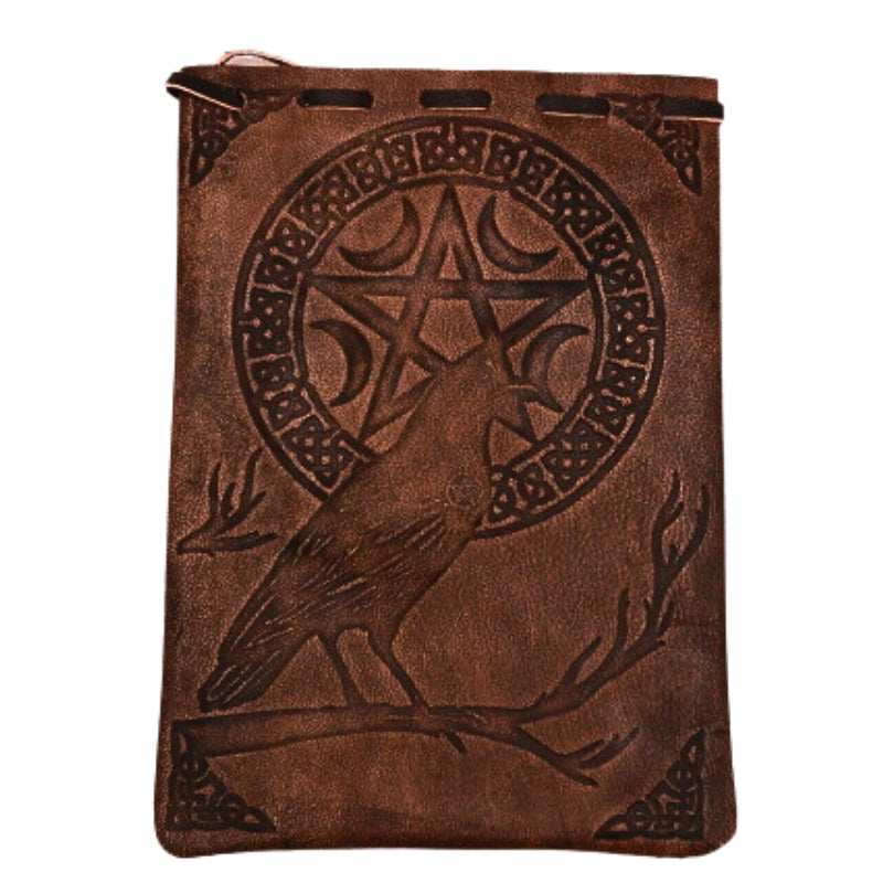 Raven and Pentacle Leather Drawstring Tarot Bag for Tarot and Oracle Cards 12cm x 18cm