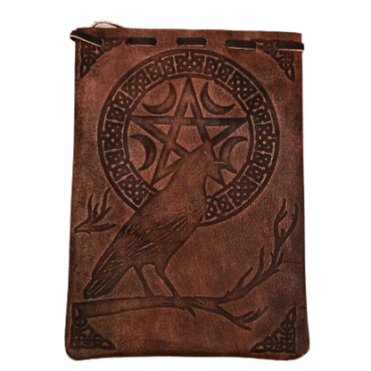 Raven and Pentacle Leather Drawstring Tarot Bag for Tarot and Oracle Cards 12cm x 18cm