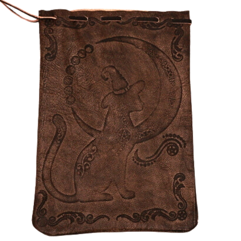 Witches Cat Leather Drawstring Tarot Bag for Tarot and Oracle Cards 12cm x 18cm