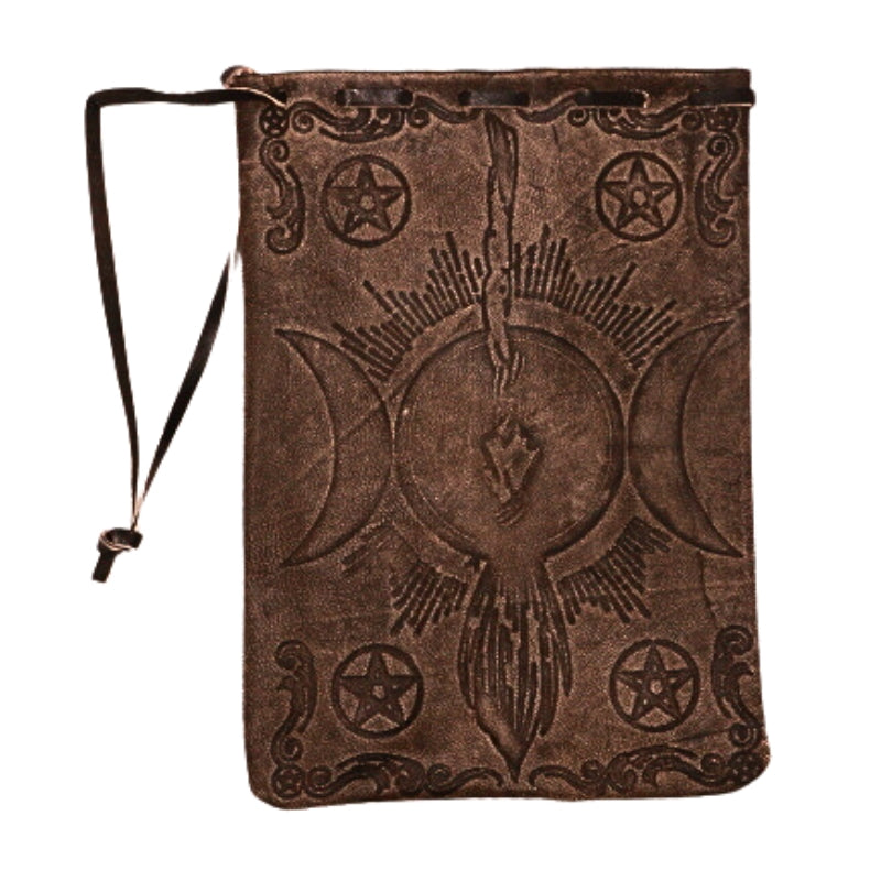 Broom and Pentacle Leather Drawstring Tarot Bag for Tarot and Oracle Cards 12cm x 18cm