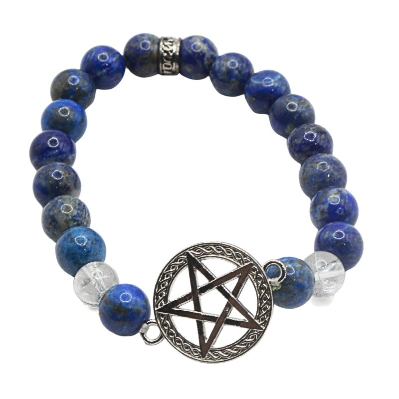 Blue beaded bracelet with a silver pentagram charm on a white background