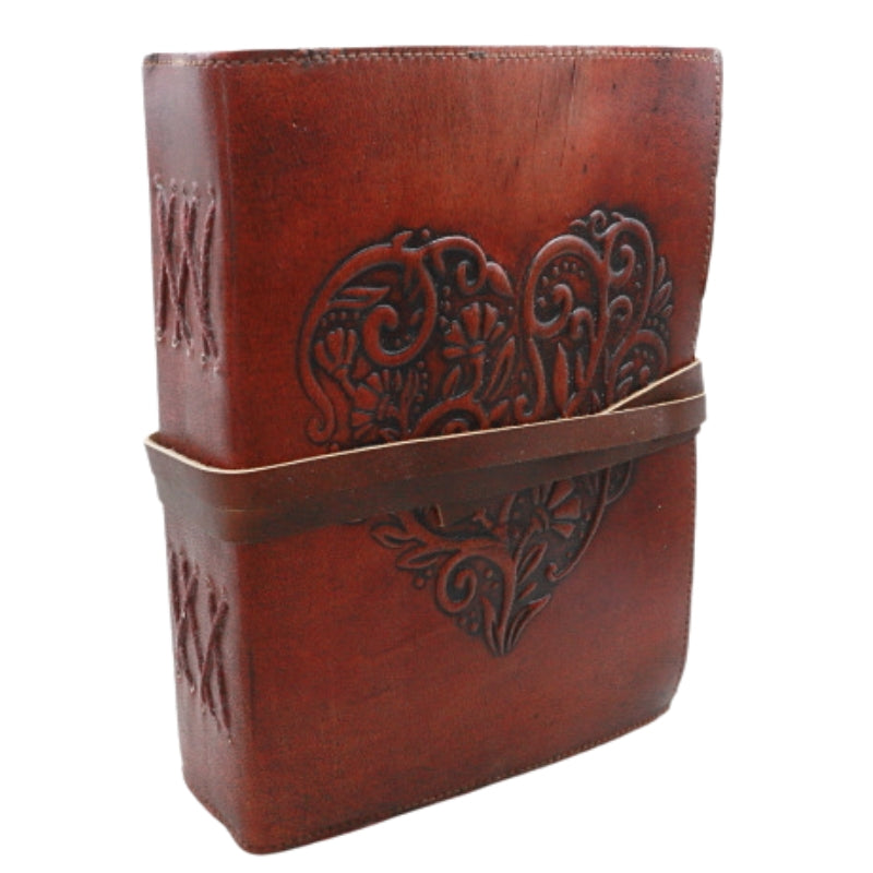 Heart Embossed Antique Paper Leather Journal with Leather Tie