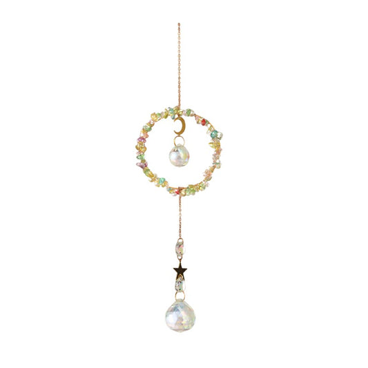 Decorative hanging ornament with beads and crystals on a white background