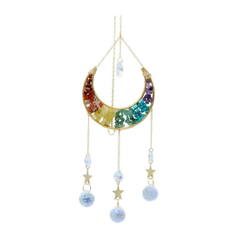 moon shaped sun catcher with coloured  crystals and beads