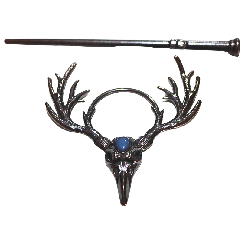 Dark metal skull and antlers hair pin