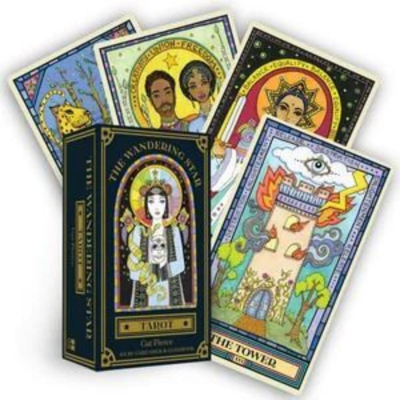 Wandering Star Tarot card box and 4 cards showing