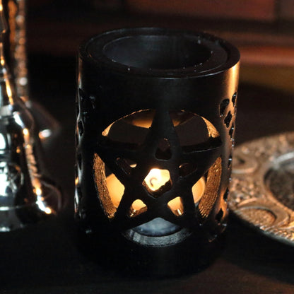 Black Soapstone Pentacle Oil Burner- Tealight Pentagram Oil Burner