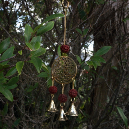 15 cm Flower of Life Hanging Bells with Rudraksha- Wind Chimes/ Protective Ward
