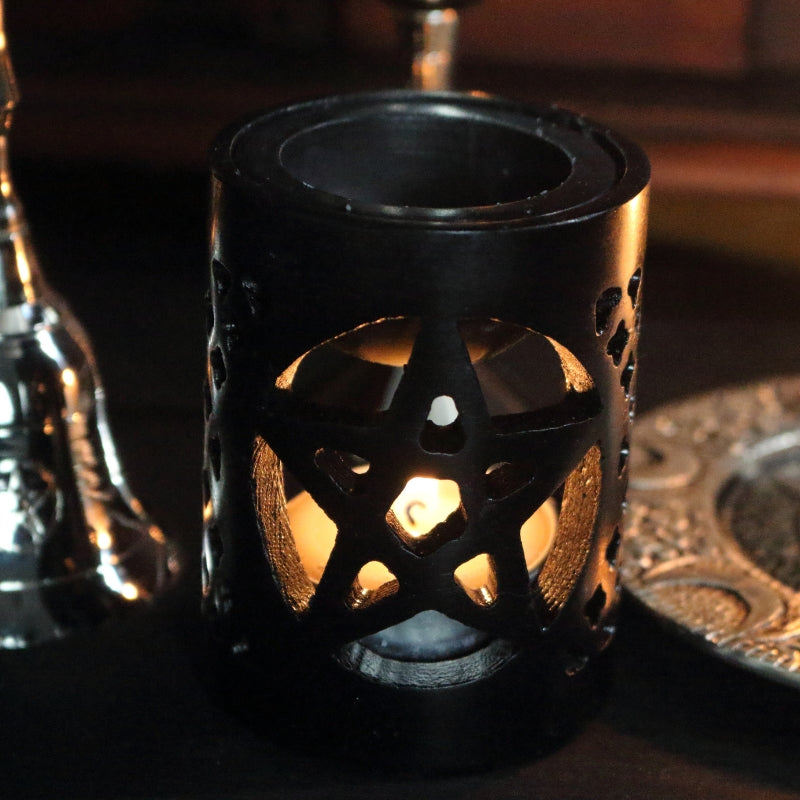 Black Soapstone Pentacle Oil Burner- Tealight Pentagram Oil Burner