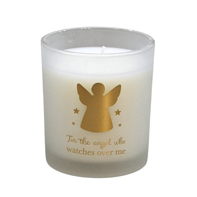 A frosted glass jar candle with white wax, featuring a gold angel silhouette and the text 'For the angel who watches over me' printed on the front.