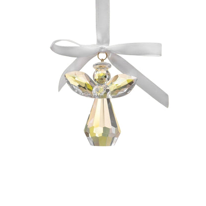 A faceted crystal angel remembrance ornament with a white satin ribbon bow at the top, shown against a plain white background.