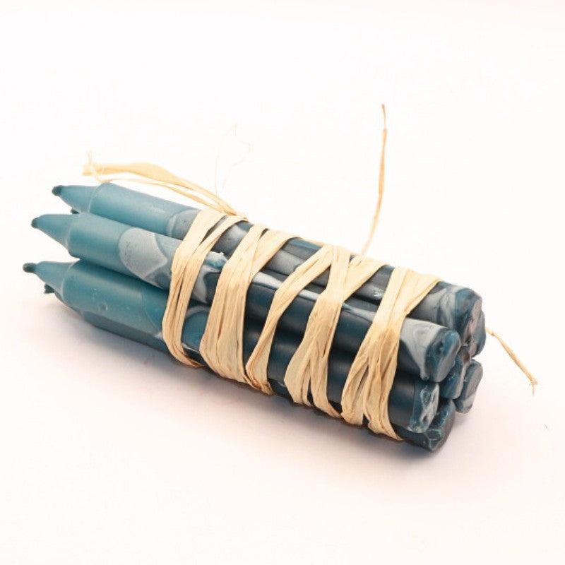 7 pk blue splash candles wrapped in raffia, made by rawLight