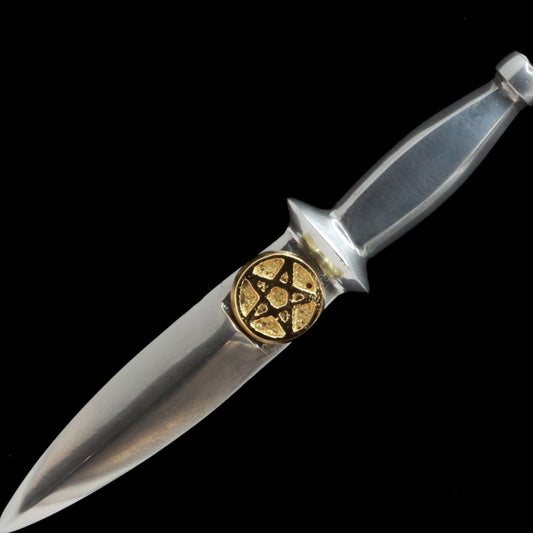 aluminium athame/ dagger with a gold pentacle beneath the hilt